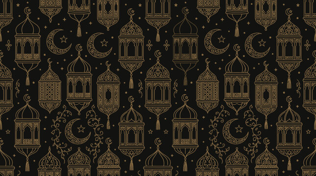 Intricate vintage key pattern featuring ornate keys and crescent moons in a seamless decorative motif.