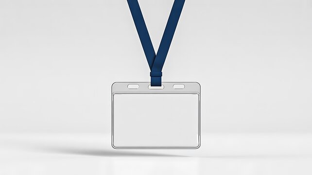 Blank identification badge mockup with blue lanyard isolated on clean background