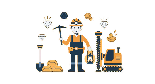 miner with pickaxe and mining equipment.