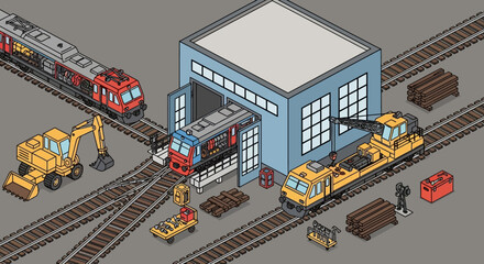 Isometric illustration of a train depot with various trains and maintenance equipment. © faizz