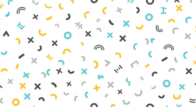 Colorful abstract pattern featuring a variety of geometric shapes like crosses, circles, and squiggles on a white background.