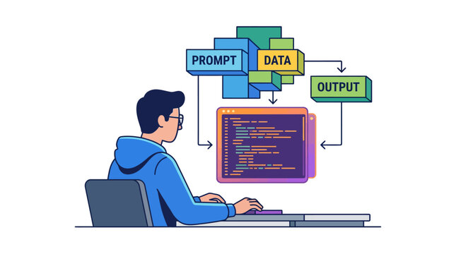 Man working on computer with data flow diagram.