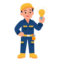 Fototapeta premium Electrician Man Holding Light Bulb. vector Illustration