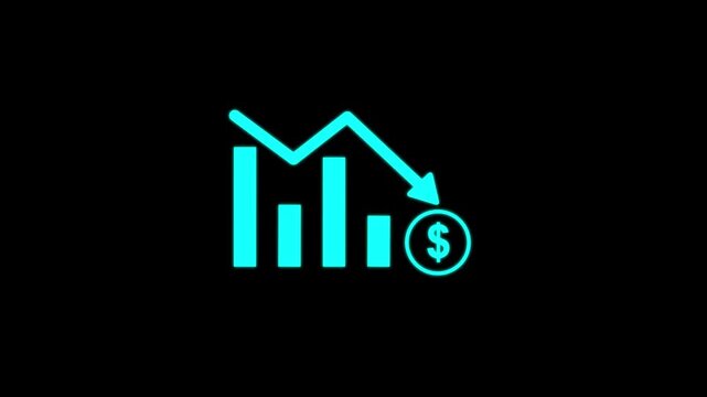Business loss falling down with dollar icon, financial graph chart. black background. Motion graphics of concept. animation