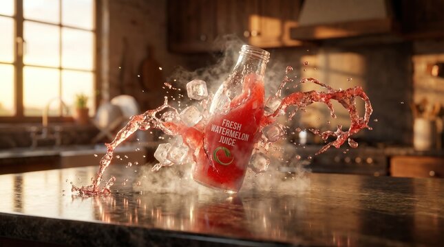 Dynamic splash of fresh watermelon juice exploding from a clear glass bottle on a kitchen counter