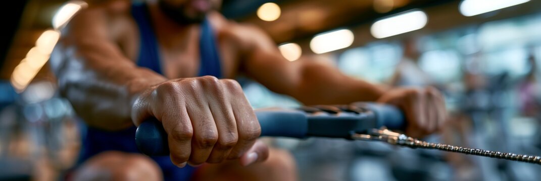 Athlete training on a rowing machine in a gym, showing cardio effort, strength, and endurance each day