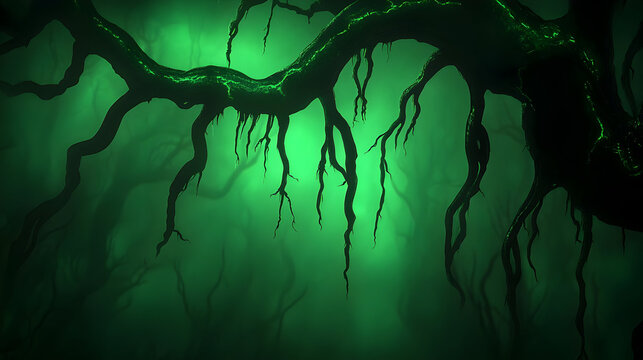 Spooky dark forest with gnarled tree branches, eerie green mist in haunted woods, mysterious swamp landscape with twisted silhouettes