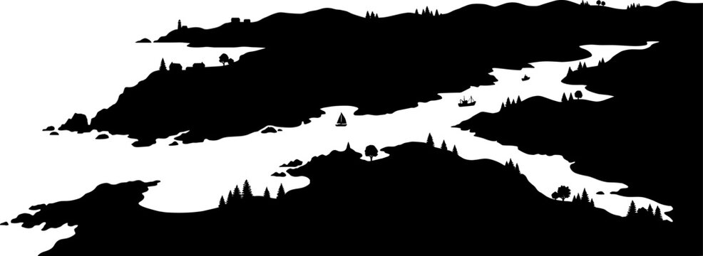 Coastal archipelago silhouette with sailboats and rolling hills