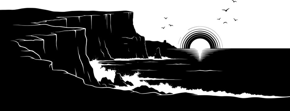 Coastal cliffs with sun setting over ocean silhouette