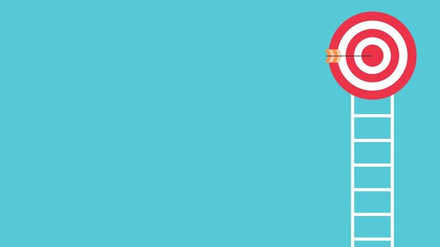 Target with ladder and arrow, elements appearing step by step, representing goal achievement, progress, and business success. Modern flat design with copy space. Seamless loop.
