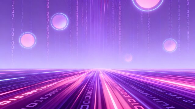 Digital binary data stream with glowing orbs