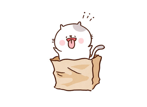 A cat jumping out of a paper bag with its tongue out, reveal secret and surprise concept