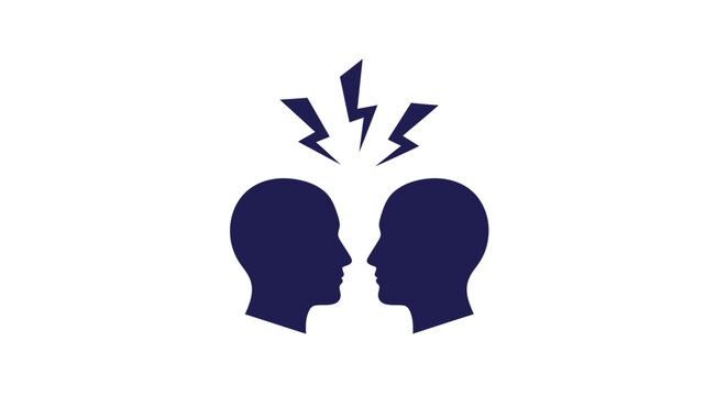 A minimalist illustration depicts two human heads facing each other with lightning bolts above them