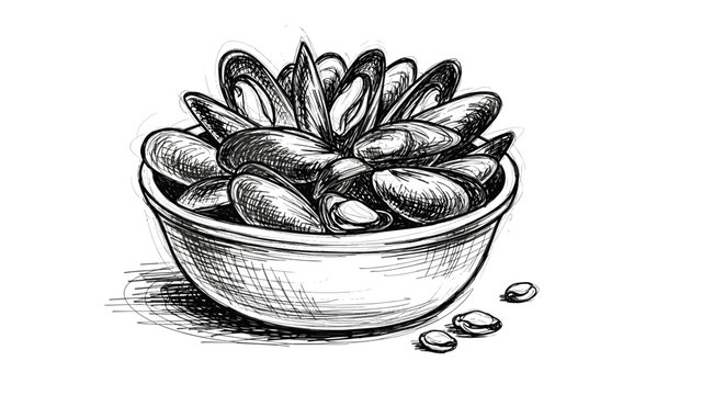 Black and white illustration of mussels in a bowl, seafood vector, mussel bowl, seafood illustration