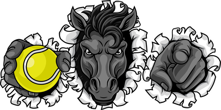 Horse mustang bronco stallion angry tennis sports team mascot holding a ball.