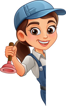 A woman female plumber holding a drain plunger tool builder construction cartoon character mascot.