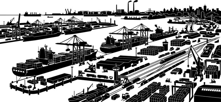 Container terminal silhouette featuring cargo ships and loading gantry cranes