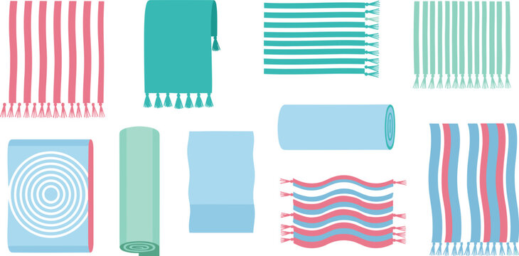 Beach towels vector set featuring striped and patterned towels in soft pastel colors
