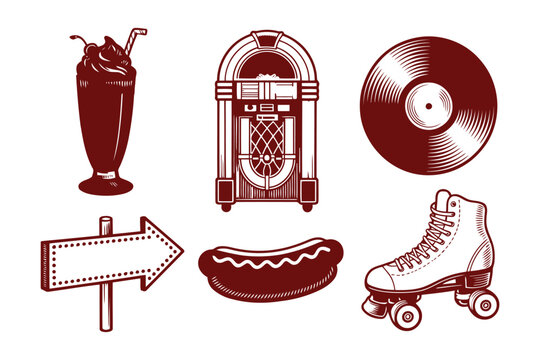 Vintage diner themed icons featuring milkshake jukebox vinyl record and skates.