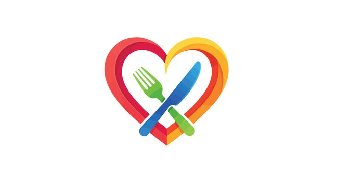 A vibrant colorful logo featuring a heart shape encompassing a fork and knife symbolizing love for food