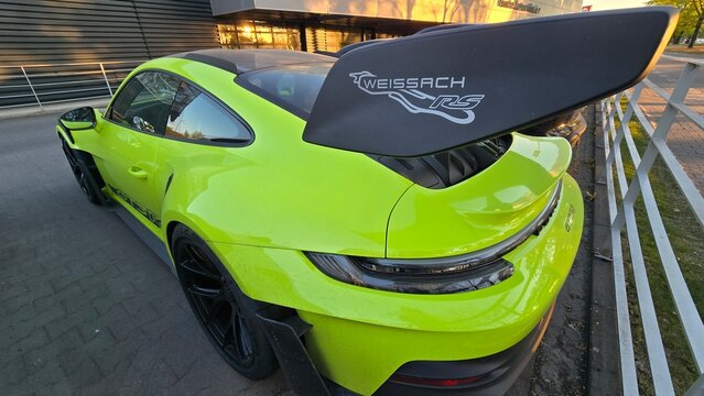 Bright green Porsche 911 GT3 RS with Weissach Package performance styling