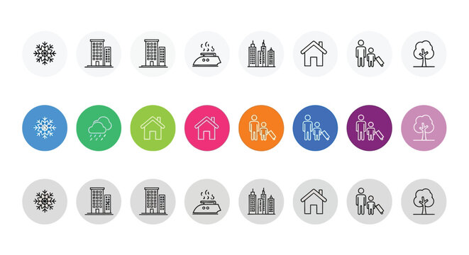 A collection of colorful circular icons representing weather buildings family and nature elements high quality