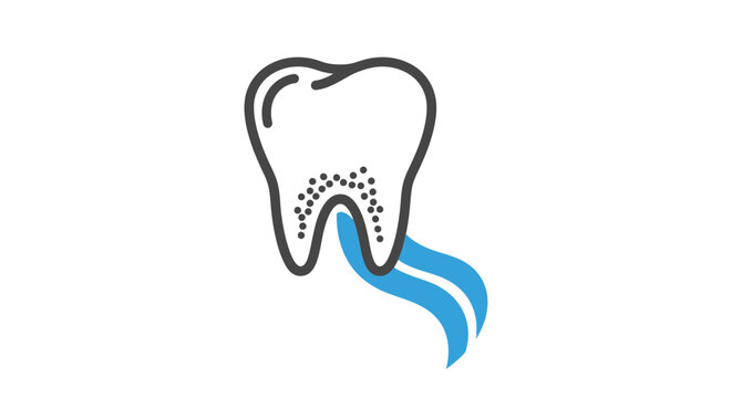 A simple line drawing depicts a tooth with a blue stream representing toothpaste or dental fluid