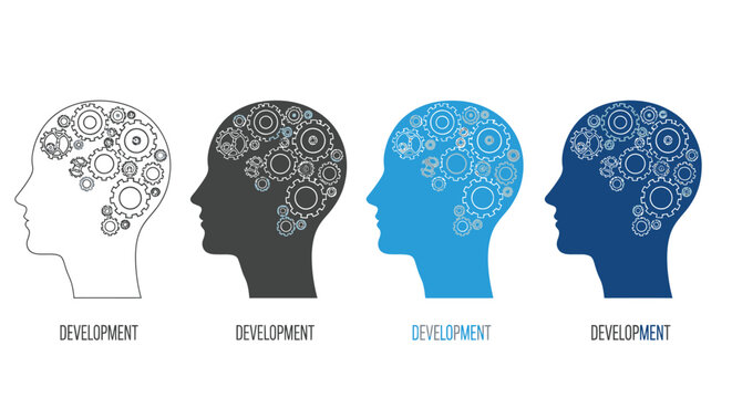 Four stylized human head profiles illustrate cognitive development featuring gears within the brain shapes
