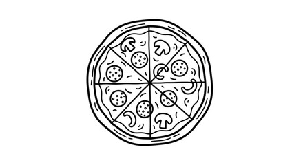Hand drawn doodle style whole pizza with pepperoni and mushroom toppings, sliced and ready to eat, black and white line art sketch vector
