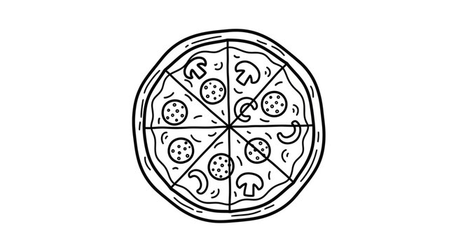 Hand drawn doodle style whole pizza with pepperoni and mushroom toppings, sliced and ready to eat, black and white line art sketch vector