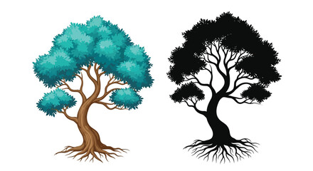 A vibrant teal tree stands beside its stark black silhouette showcasing contrasting botanical representations © grvect02