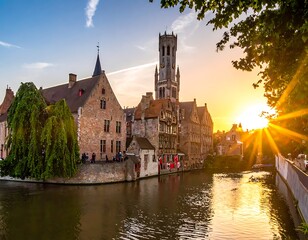 Fototapeta premium Serene sunset over a historic European town's canal