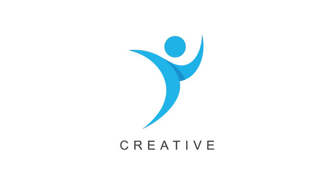 A vibrant blue abstract graphic depicts a human figure in a dynamic celebratory pose with the word creative