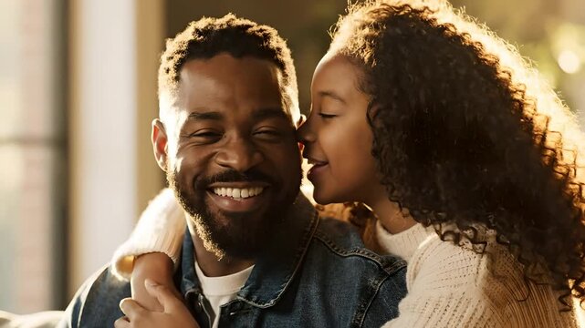 Padre e hija afroamericanos abraz&aacute;ndose con ternura bajo una luz c&aacute;lida, risas y complicidad familiar en casa, concepto de amor paternal, felicidad y v&iacute;nculo incondicional.