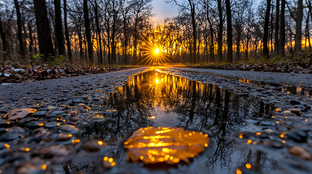 Golden sunset reflection in forest road puddle, autumn sunburst through trees, low angle view of wet asphalt with fallen leaf and water mirror