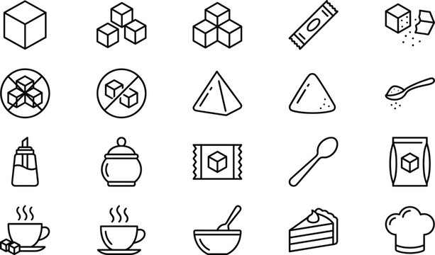 Set of Sugar, Sweetener, and Dessert Icons Including Sugar Cubes, Packets, Measuring Spoons, Syrup Bottles, Sugar Bowls, Hot Drinks, Cake, and Chef Hat for Cooking, Baking, Food, and Digital Designs.