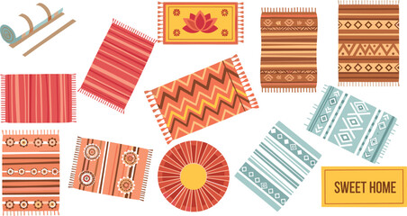 Fototapeta premium Decorative rugs and carpets vector set featuring ethnic patterns and home textile designs in boho style