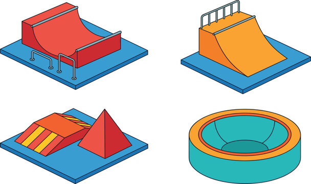 Set of Isometric Skatepark and Extreme Sports Ramps Including Half-Pipes, Quarter-Pipes, Pyramid Ramps, and Bowl for Skateboarding, BMX, Parkour, Recreation, and Digital Designs.