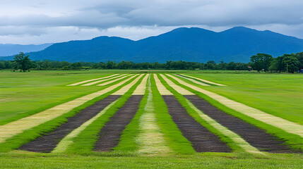 Naklejka premium Vibrant green agricultural field with geometric patterns, scenic mountain landscape under cloudy sky, rural farmland with symmetrical crop rows