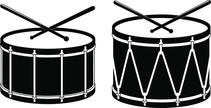 Snare drum illustrations with drumsticks showcasing musical instruments used in marching bands and percussion performances
