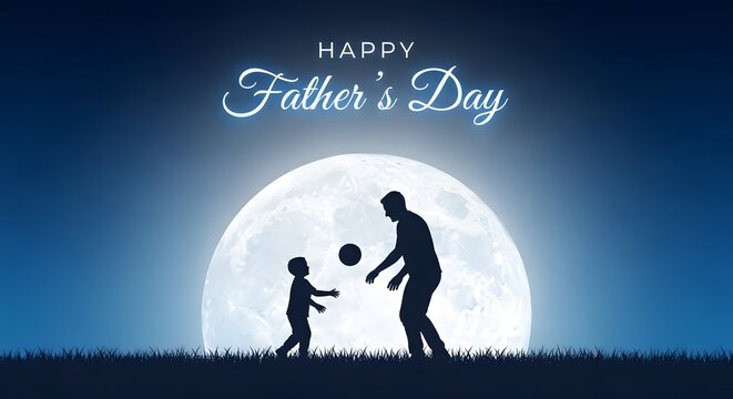 Happy father's day heartwarming silhouette of father and son playing with a ball under the moon
