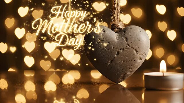 Coraz&oacute;n de piedra r&uacute;stico con luces bokeh y texto dorado Feliz D&iacute;a de la Madre. Ideal para mensajes de gratitud, redes sociales de florer&iacute;as y campa&ntilde;as de regalos sentimentales.