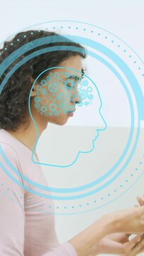 Vertical video: Non-binary person opening compact, grooming at mirror, blue brain overlay shifting