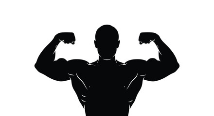A striking black silhouette of a muscular man powerfully displaying his bicep and abdominal muscles © grvect02