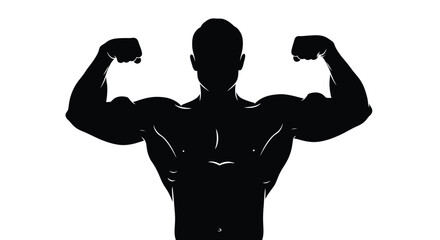 A striking silhouette of a muscular man flexing both arms showcasing physical strength and fitness © grvect02