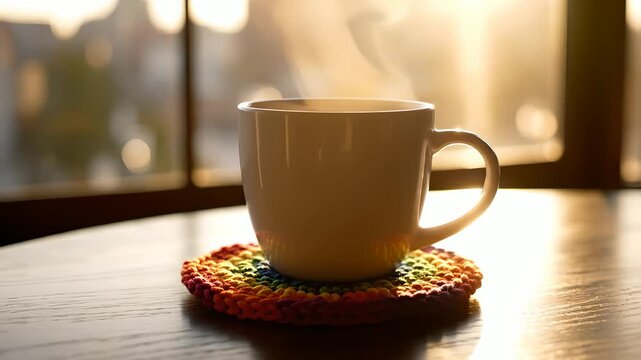 Taza de caf&eacute; blanco humeante sobre posavasos arco&iacute;ris frente a ventana soleada. Escena acogedora para publicidad del D&iacute;a de la Madre, bienestar matutino y relajaci&oacute;n en el hogar.