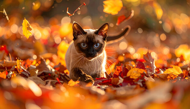 Sable Burmese cat dashing through crunchy autumn leaves with red and gold foliage flying into the air during golden hour generative AI