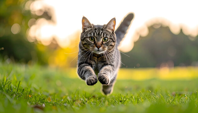Manx cat sprinting across a green pasture with powerful rabbit like hind legs emphasizing its unique rounded tail less silhouette generative AI