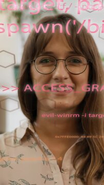 Vertical video: Woman with specs smiling then laughing upon pink tech code moving over face in tech