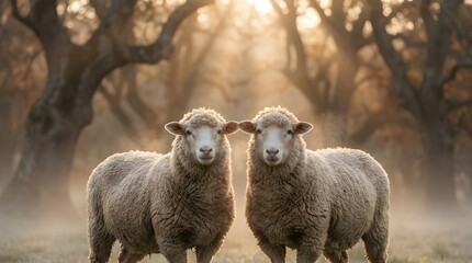 Fototapeta premium Two white sheep standing side by side in a misty forest at sunrise, photo of livestock animals.